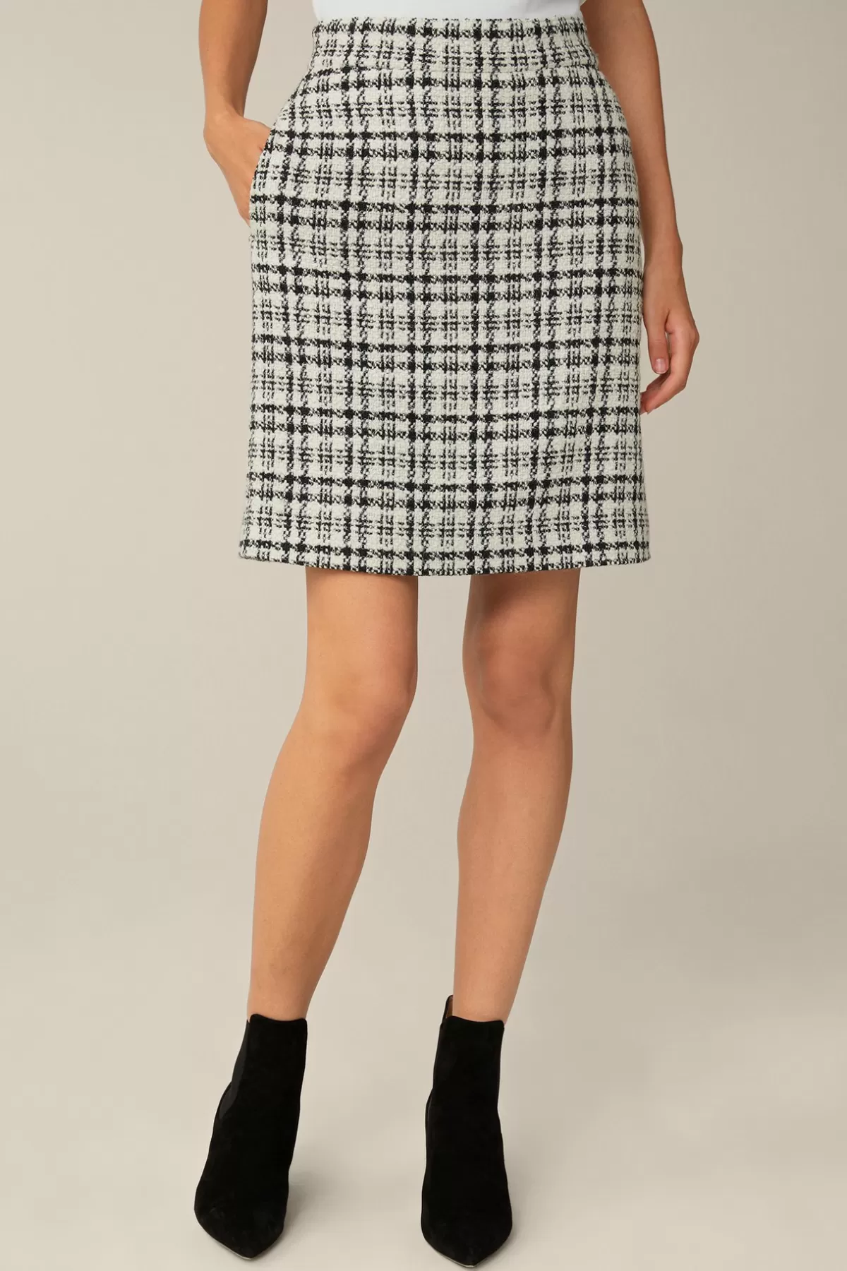 Fashion Cotton-Wool-Blend-Boucle-Rock In Weis-Schwarz Kariert Damen Röcke