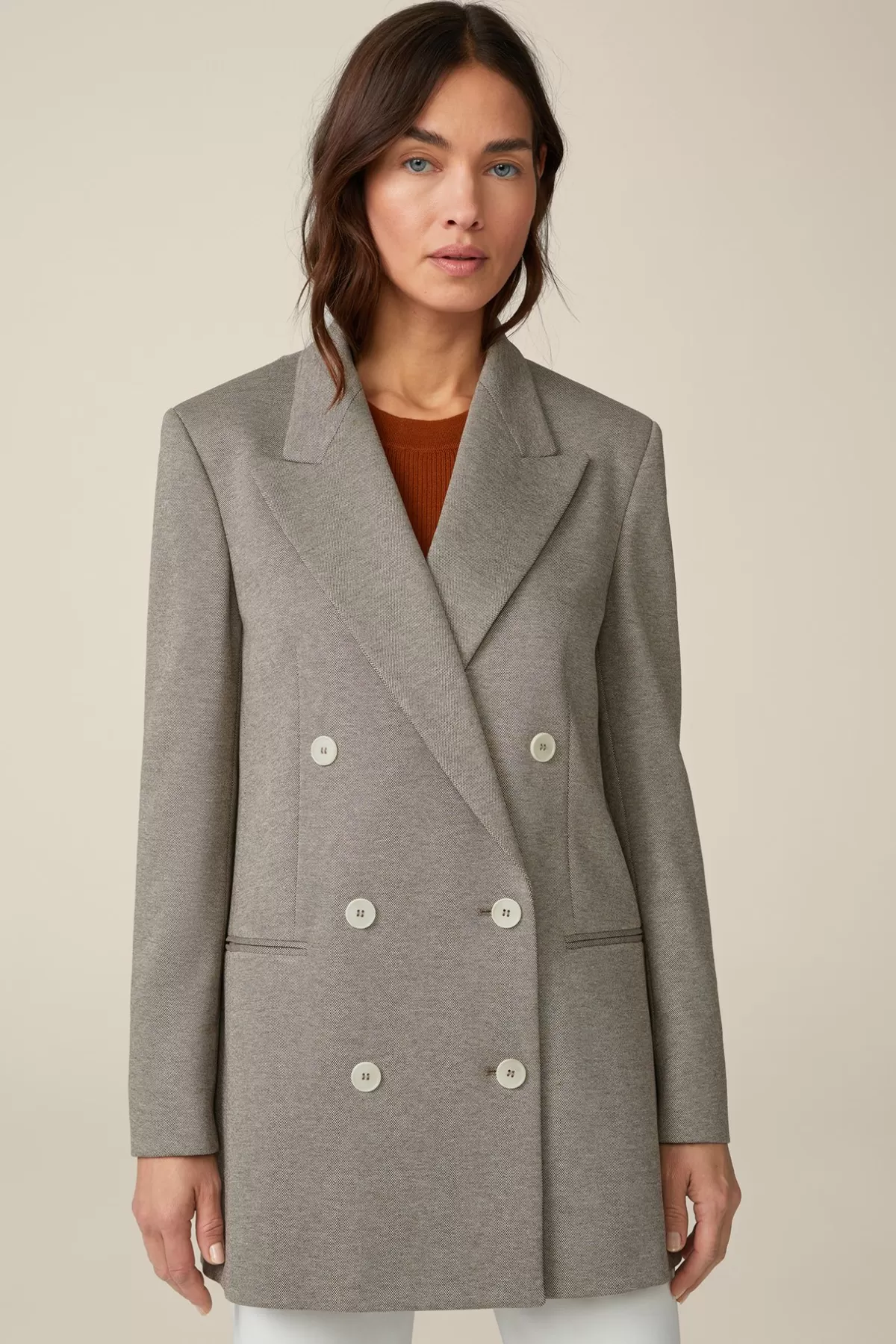 Best Jersey-Doppelreiher-Longblazer In Ecru Gemustert Damen Blazer