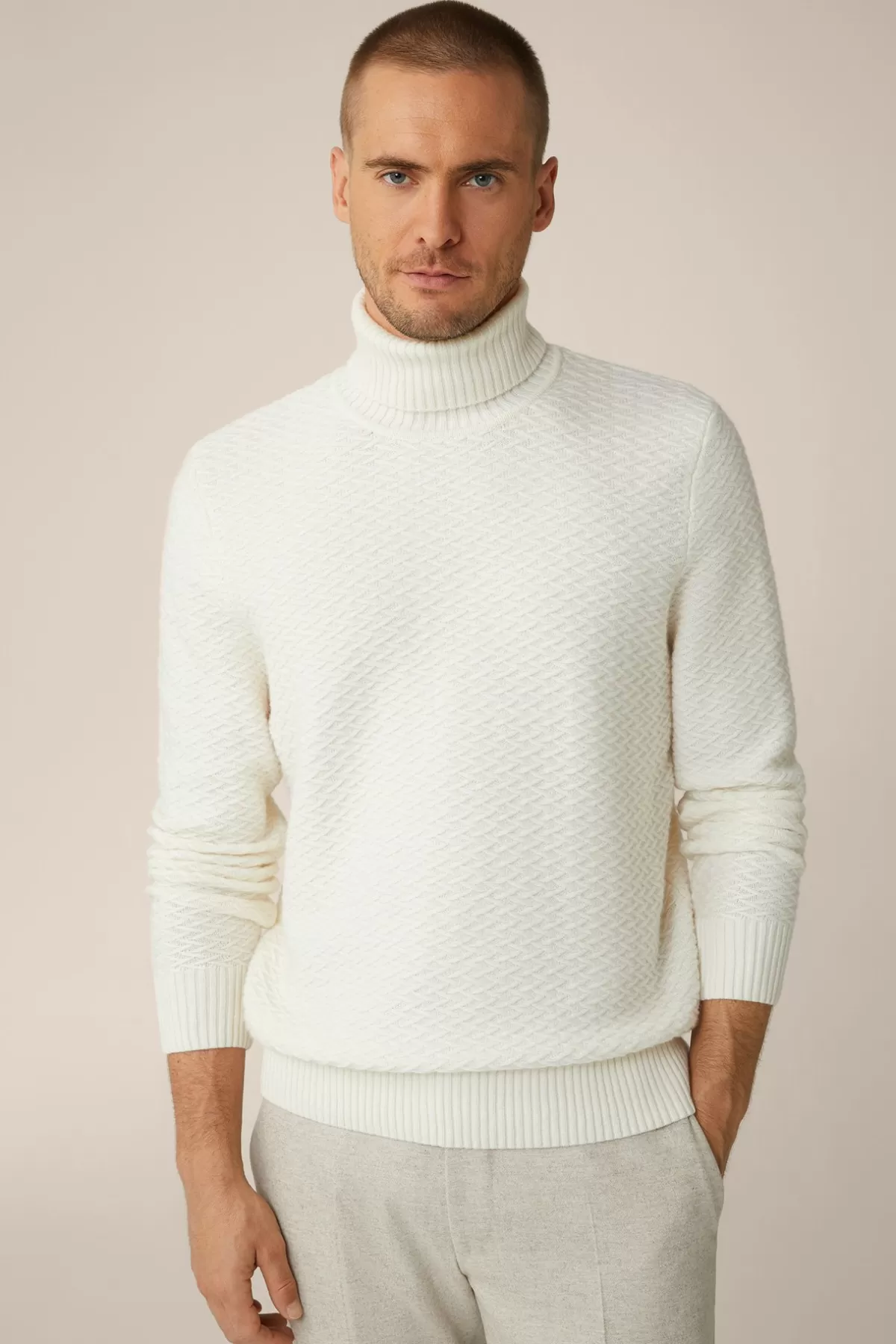 Fashion Schurwoll-Rollkragen-Pullover Amilo Mit Cashmere In Strukturiert Herren Strick