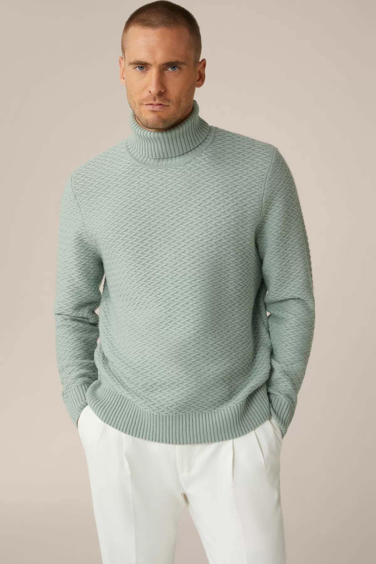 Fashion Schurwoll-Rollkragen-Pullover Amilo Mit Cashmere In Strukturiert Herren Strick