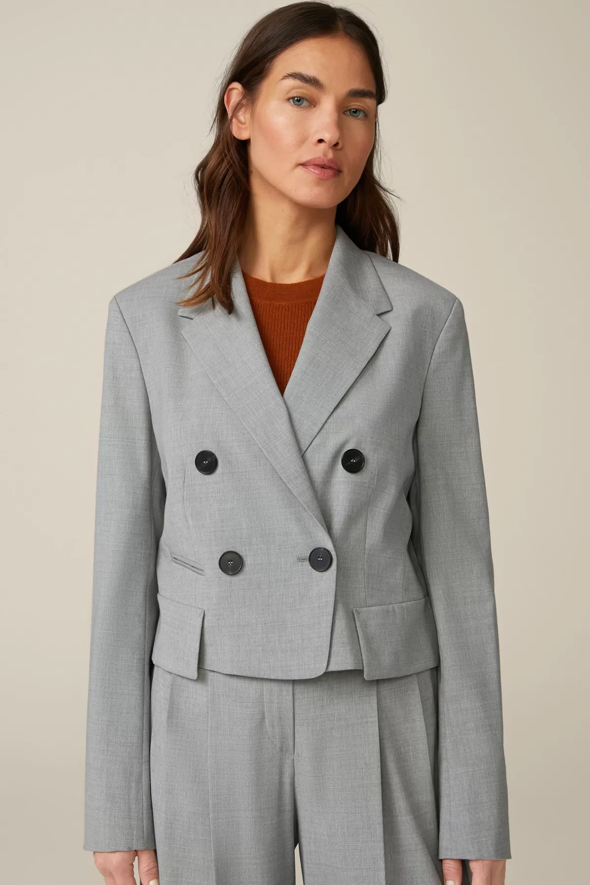 Fashion Wollmix-Doppelreiher-Kurzblazer In Hell Melange Damen Blazer