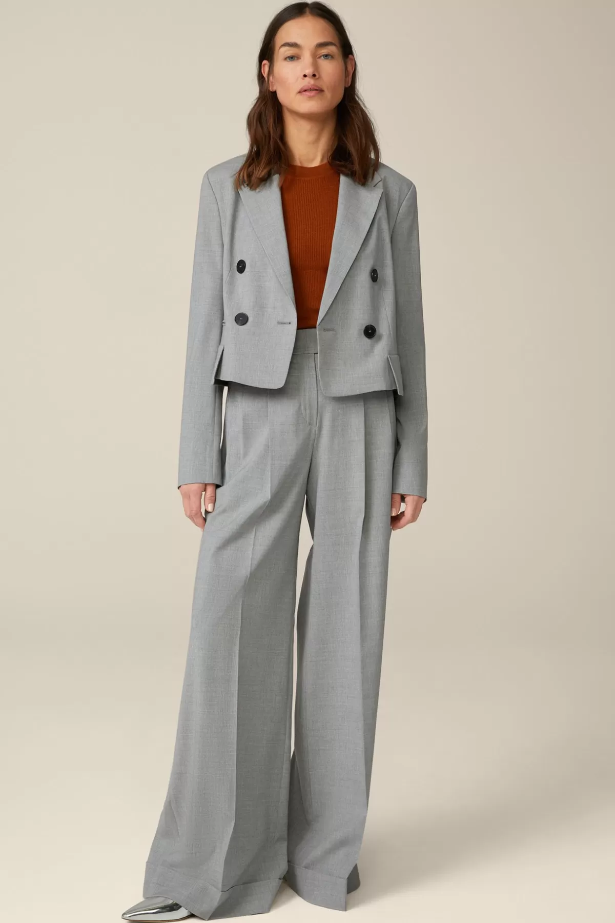 Fashion Wollmix-Doppelreiher-Kurzblazer In Hell Melange Damen Blazer
