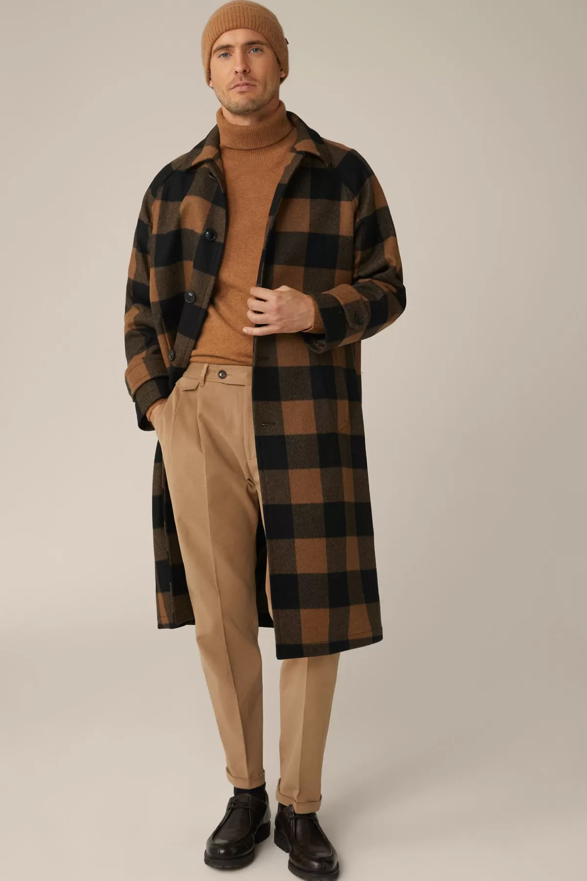 Discount Wollmix-Mantel Rossano Mit Hemdkragen In Schwarz-Braun Check Herren Jacken & Mäntel