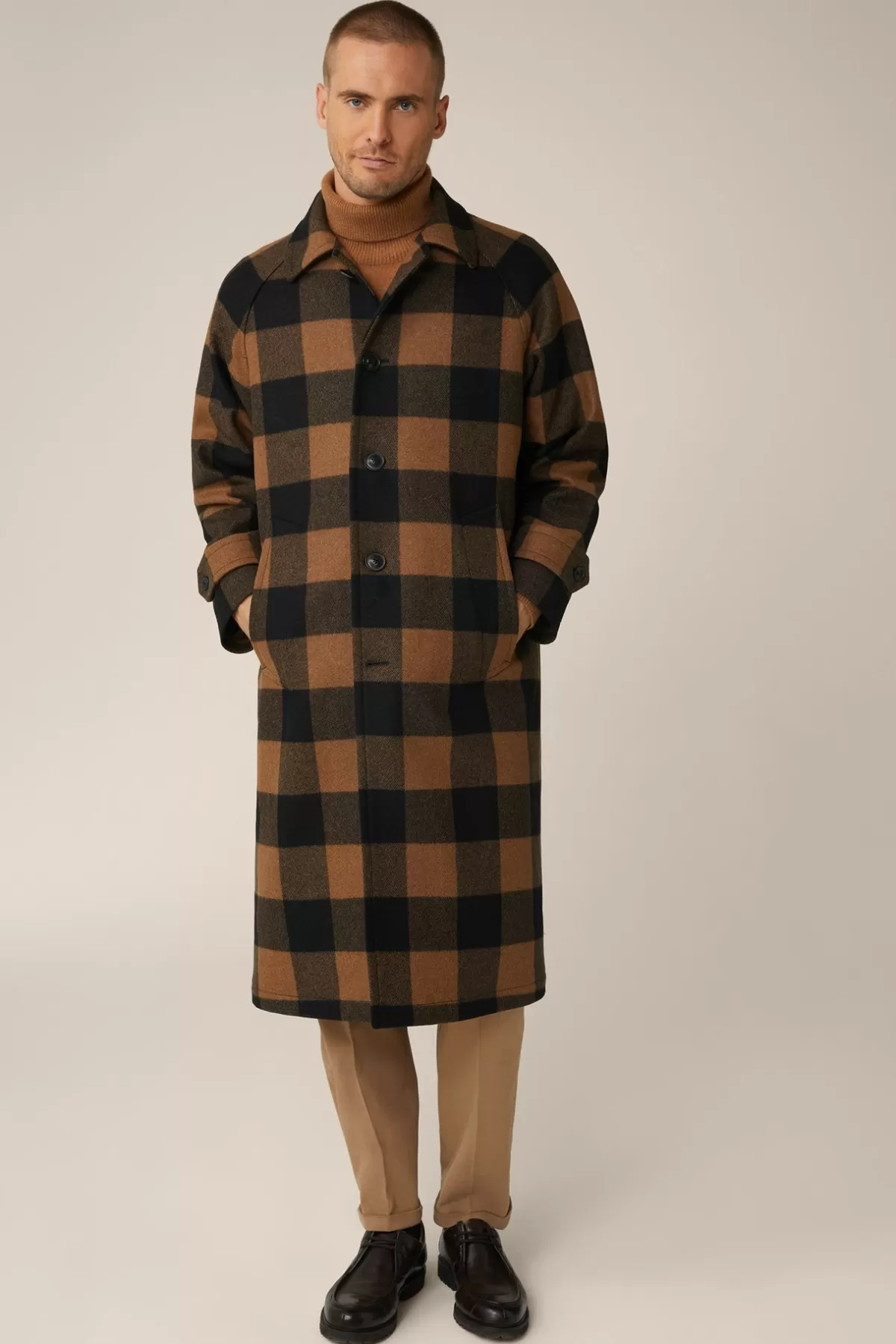 Discount Wollmix-Mantel Rossano Mit Hemdkragen In Schwarz-Braun Check Herren Jacken & Mäntel